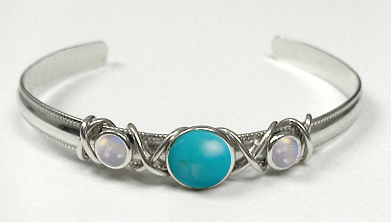Sterling Silver Hand Made Cuff Bracelet With Turquoise And Rainbow Moonstone